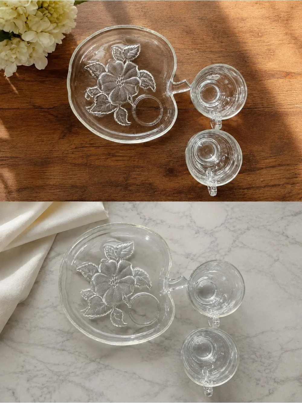 Vintage Clear Glass Apple Snack Set 2 Cups & 2 Apple Shaped Snack Plates
